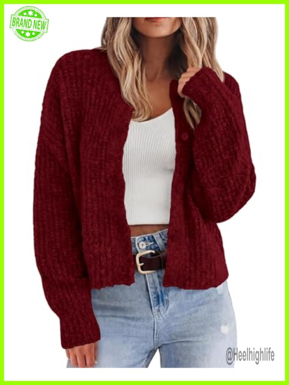 Chunky Knit Cropped Cardigan Button Down Lantern Sleeve Sweater for Fall Winter